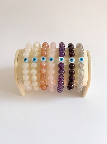 Gemstone + Mother of Pearl Evil Eye Stretch Bracelet