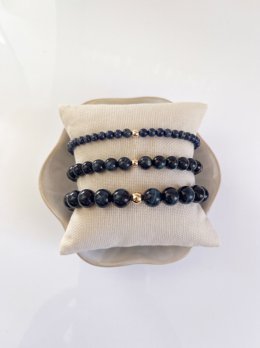 Blue Tiger’s Eye Stretch Bracelet with Gold or Silver (4mm, 6mm, 8mm)