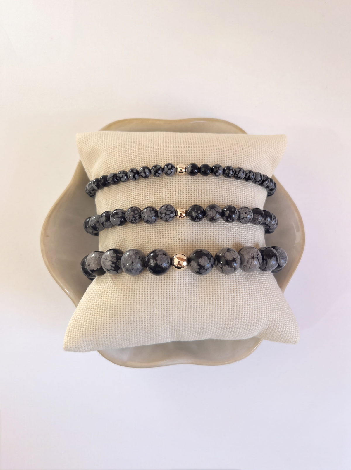 Snowflake Obsidian Stretch Bracelet with Gold or Silver (4mm, 6mm, 8mm)