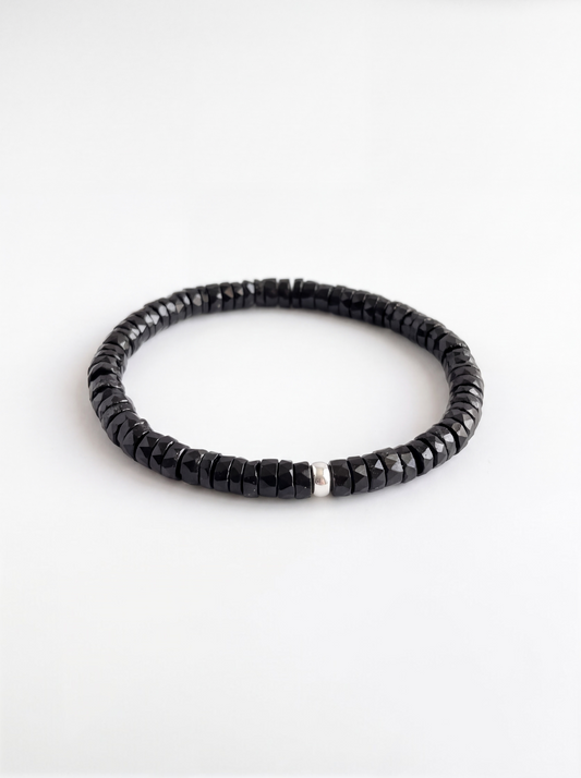 Faceted Black Tourmaline Heishi Stretch Bracelet with Gold or Silver