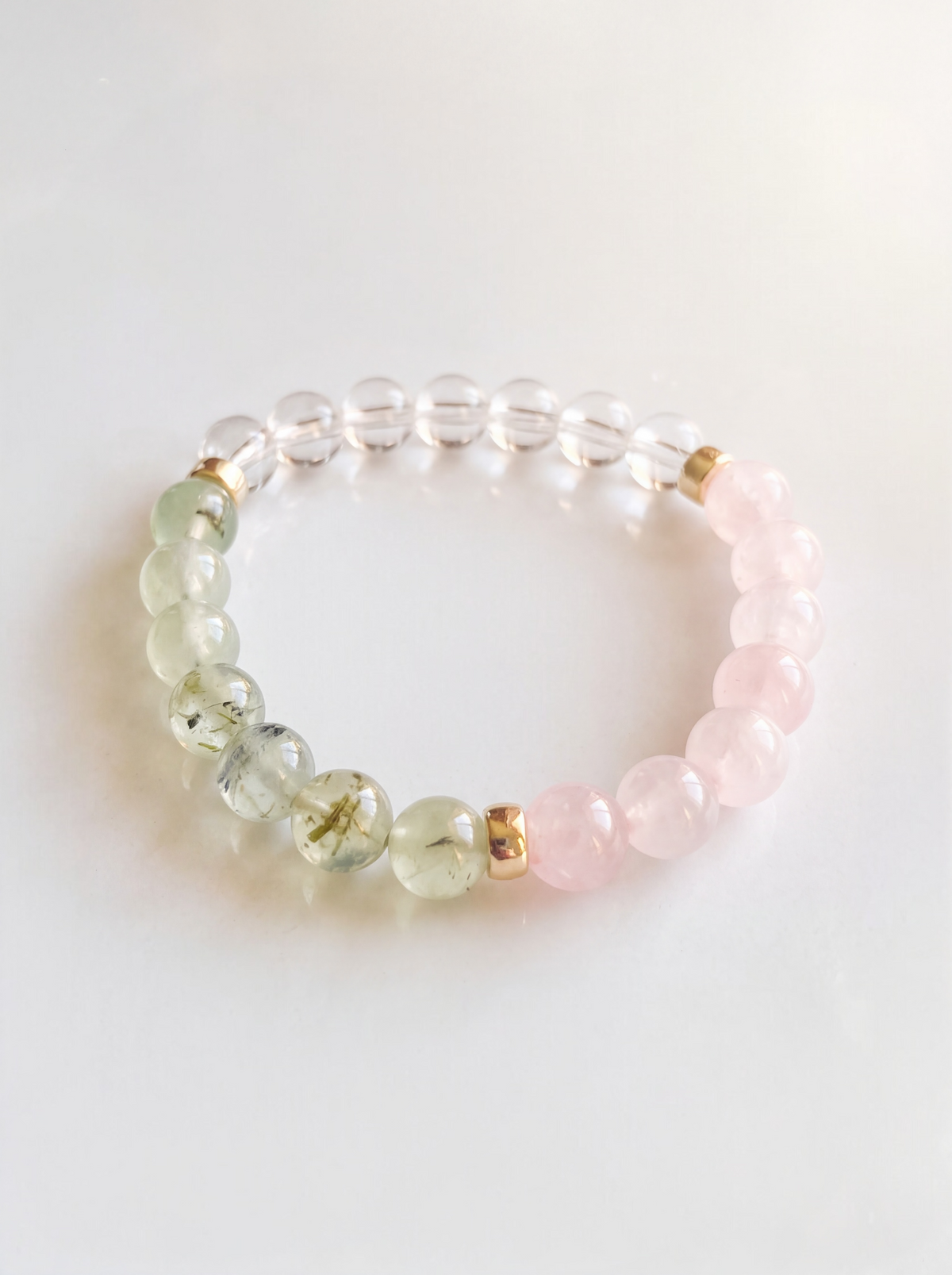 Quiet Radiance Stretch Bracelet: Clear Quartz, Prehnite, Rose Quartz