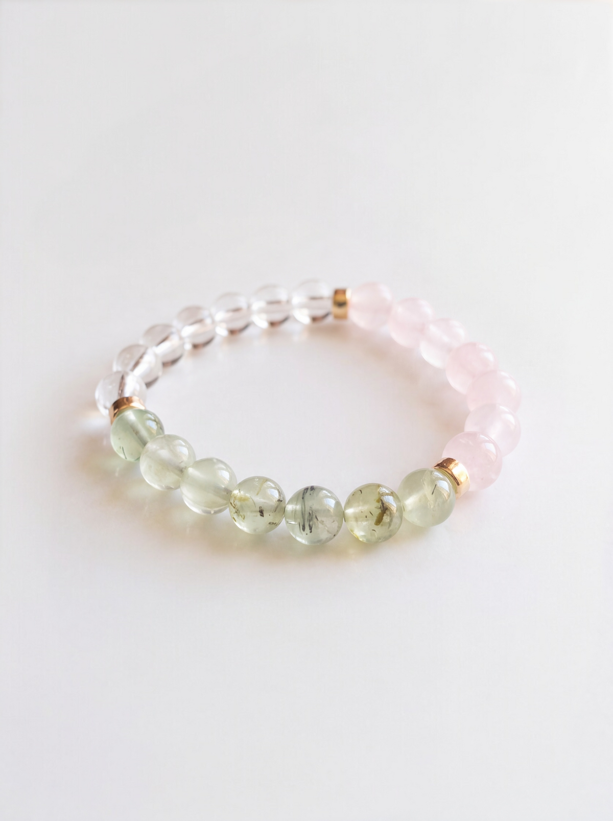 Quiet Radiance Stretch Bracelet: Clear Quartz, Prehnite, Rose Quartz