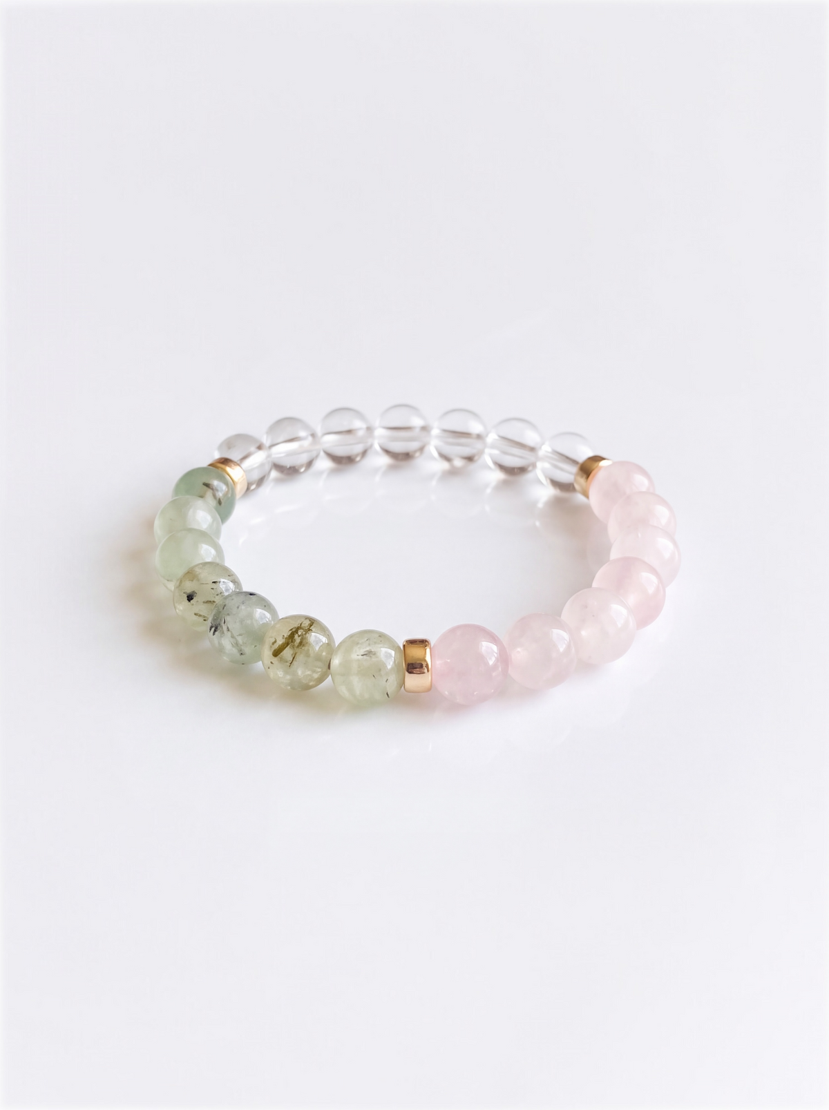 Quiet Radiance Stretch Bracelet: Clear Quartz, Prehnite, Rose Quartz